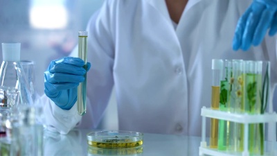 实验室工人灌装化学液体中草药管，香料萃取物，美容