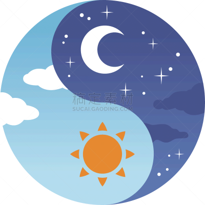阴阳符,夜晚,白昼,月,云,树荫,户外,天空,绘画插图,圆形