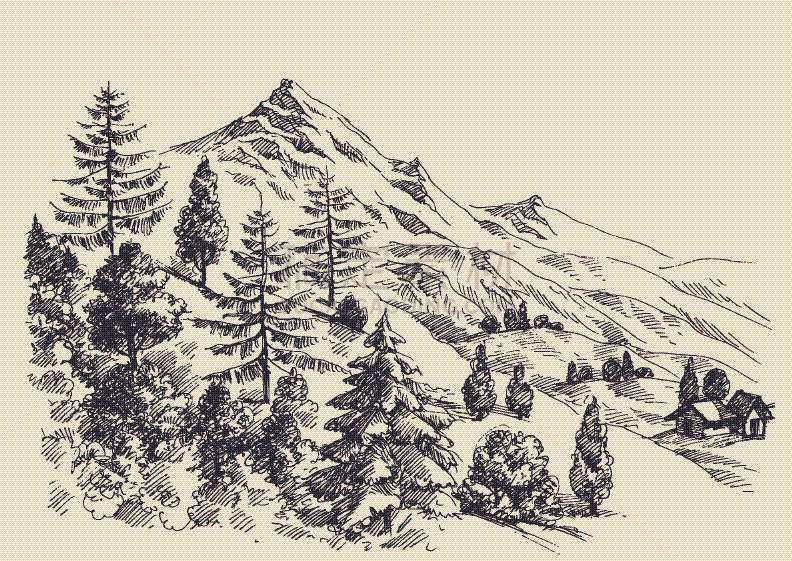 植物群,全景,山,铅笔,树林,旅途,乡村风格,针叶树,户外,草图