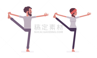 瑜伽,女人,男人,站立单腿伸展式,平和,姿态,自由,弹性,思考,吸气
