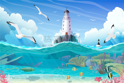 灯塔楼,海洋,动画片,浮标,云,船,动物,暴风雨,礁石,珊瑚