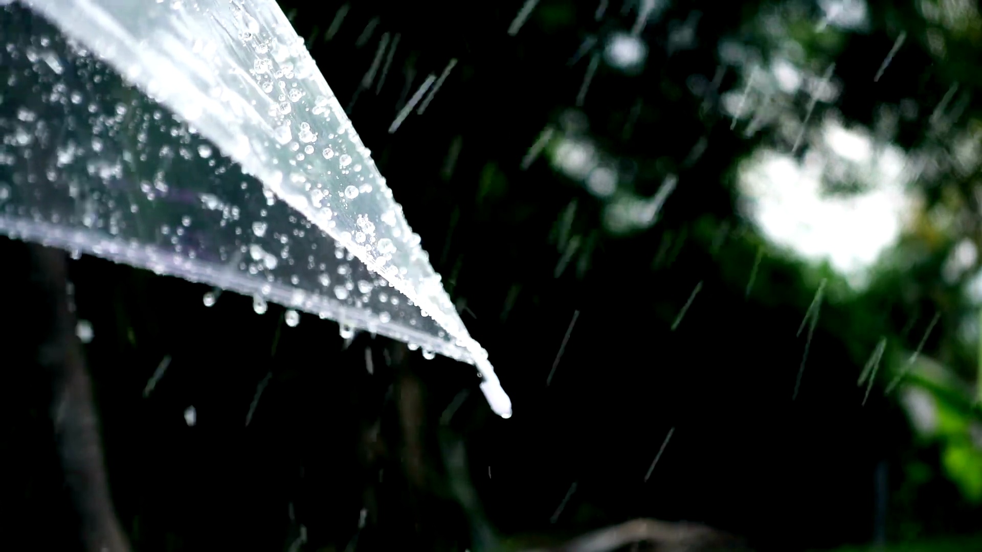 雨伞的特写镜头，雨落在慢动作镜头中