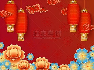 春节,模板,空白的,红色背景,传统,贺卡,灯笼,空的,中国灯笼,云