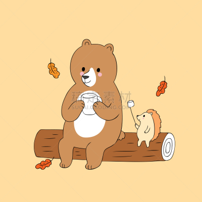 秋天,可爱的,刺猬,熊,卡通,季节,褐色,友谊,野生动物,露营