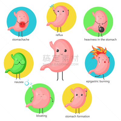 胃,可爱的,性格,卡通,平坦的,酸,健康保健,溃疡,布置,腹泻