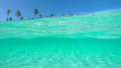  慢动作半水下 美丽的热带岛屿清澈的海洋泻湖和异国情调的白色沙滩背景