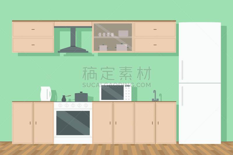 抽油烟机,冰箱,家具,烤炉,矢量,厨房,绘画插图,公寓,壶,平坦的