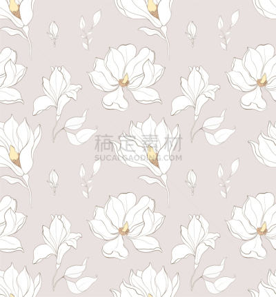 白色,玉兰类,四方连续纹样,花朵,动物手,纺织品,边框,复古风格,绘制