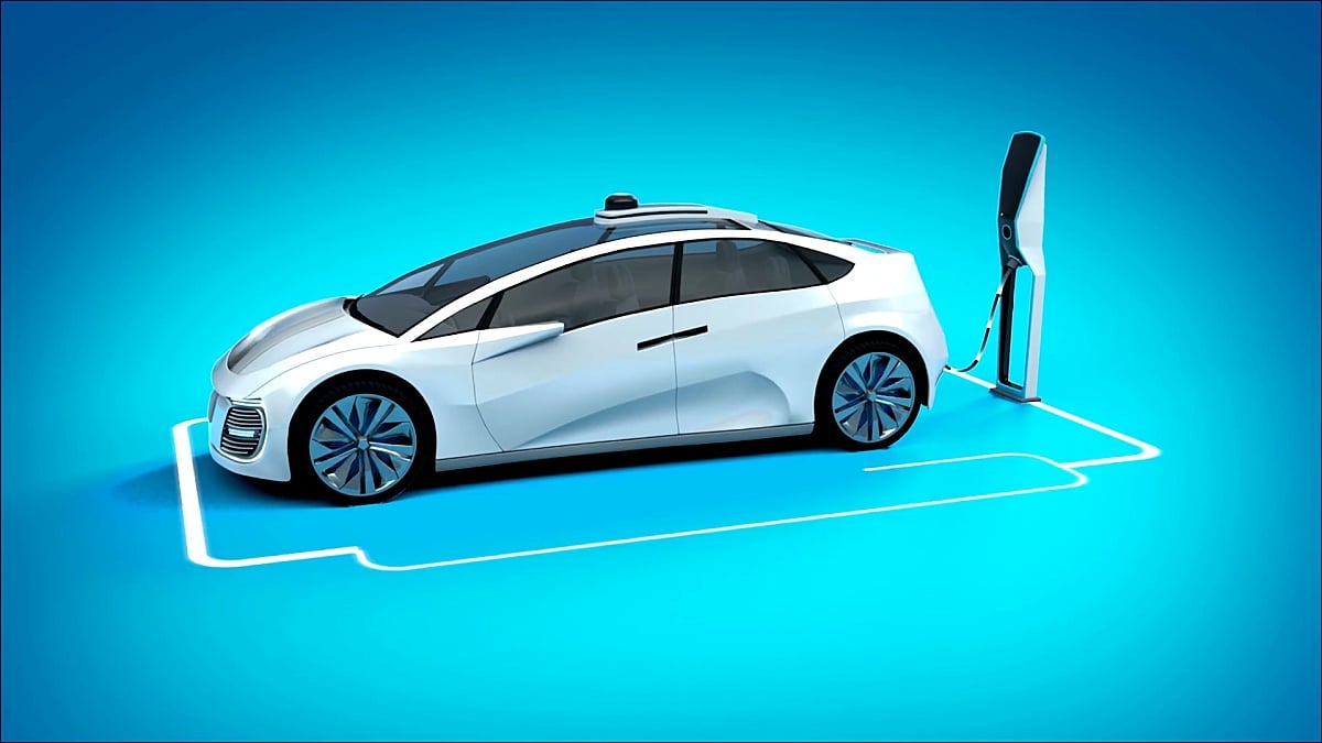 未来电动汽车充电站充电。3D动画。