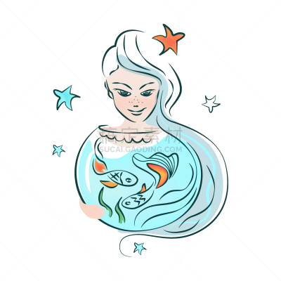 女人,双鱼座,品牌名称,绘画插图,水族馆,黄金,标志,许愿,做