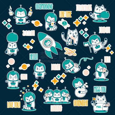 可爱的,宇航员,绘画插图,卡通,标签,明信片,猫,矢量,巨大的,快乐