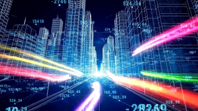 美丽的数字世界。抽象数字城市与数字和网格。飞过3D蓝图。业务和技术概念。3D动画。