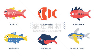 飞鱼,海洋,水虎鱼,矢量,绘画插图,鲻鱼,海鲈,鱼类,条纹鲈鱼,收集