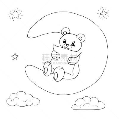 可爱的,熊,绘画插图,卡通,彩色书,白色,枕头,矢量,月亮,黑色