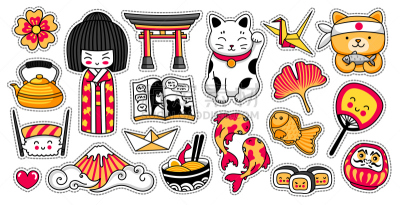 绘画插图,日本,寿司,鸟居,富士山,鲤鱼,日本漫画风格,鱼肉,矢量,布置