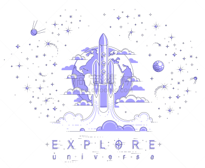 细的,火箭,绘画插图,科学,太空,星星,地球形,与众不同,探险,探索