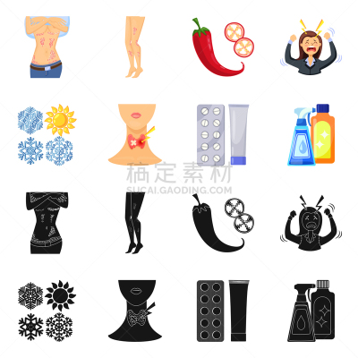 健康保健,图标集,痛苦,热,皮肤病学,雪,女人,瓶子,商品,发狂的