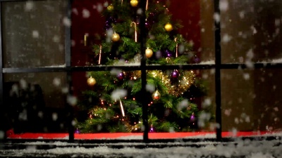 Christmas Tree at window with snow falling