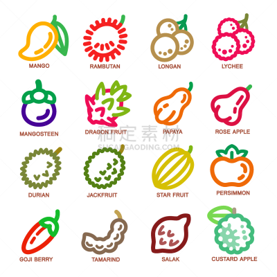 水果,细的,线图标,可爱的,农业,荔枝,素食,芒果,清新,食品