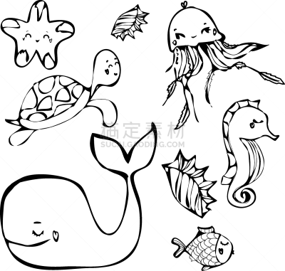 海龟,动物,绘画插图,乱画,鱼类,海洋,水母,海马,鲸,布置
