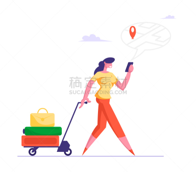 行李,女人,绘画插图,全球定位系统,人,概念,矢量,移动应用程序,拉