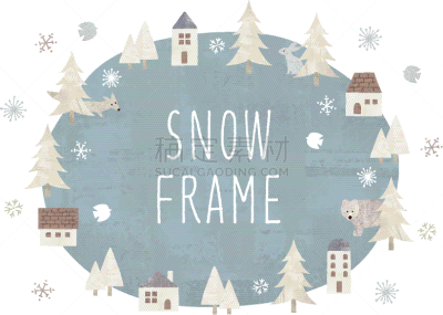 边框,动物,冬天,水彩画颜料,城镇景观,雪,狐狸,熊,背景,绘画插图