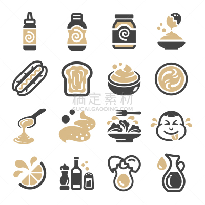蛋黄酱,图标集,白色,自制的,精神振作,清新,图像,矢量,烹调,做