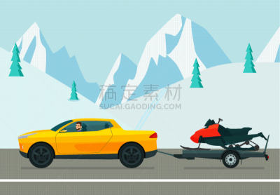 汽车,皮卡车,雪上汽车运动,绘画插图,司机,拖拽,冬天,路,扁平化设计,矢量