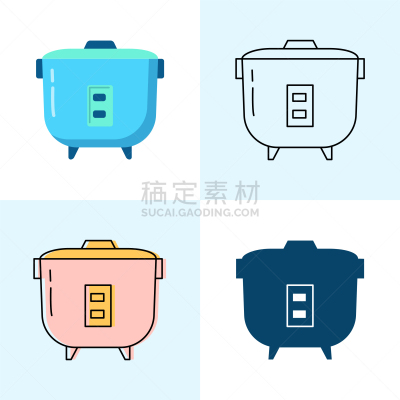 电饭锅,图标集,平坦的,风格,线条,专业人员,食品,技术,炊具,烹调