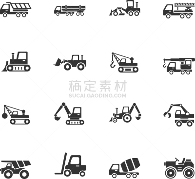 建筑施工机器,图标集,矢量,压路机,图像,推土机,水泥搅拌车,拖拉机,装货,厌倦