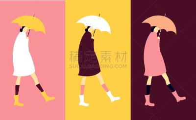 伞,女人,秋天,艺术,波普风,牙龈,水平画幅,绘画插图,人群
