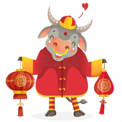 母牛,可爱的,传统,贺卡,春节,中文,新年前夕,十二生肖,动物,节日