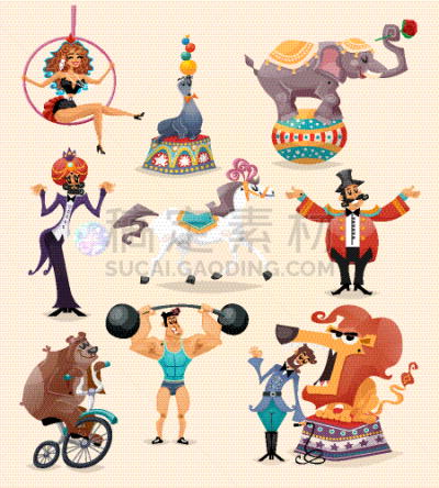 马戏团,背景分离,流行音乐会,狮子,象,动物,儿童,绘画插图,广告,魔术师