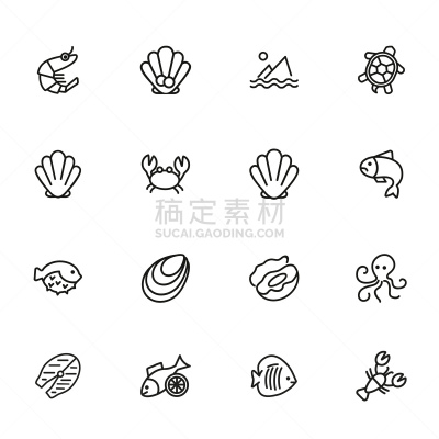 海龟,贝壳,成一排,海产,图标集,虾,菜单,渔业,背景分离,食品