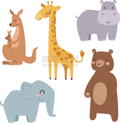 可爱的,野生动物,动物,分离着色,动物园,幽默,卡通,袋鼠,肖像,象