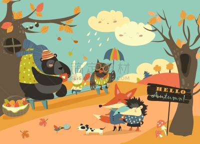 可爱的,秋天,森林,动物主题,九月,篮子,季节,长椅,图像,步行
