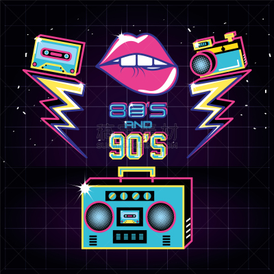 收音机,90年代风格,计算机图标,扁平化设计,分离着色,过时的,音乐,粉饼,复古,收集