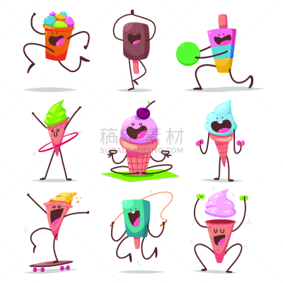 运动,可爱的,冰淇淋,卡通,瑜伽,松弛练习,矢量,性格,分离着色,布置