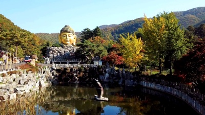 鸟瞰韩国永仁瓦武寺佛像秋天