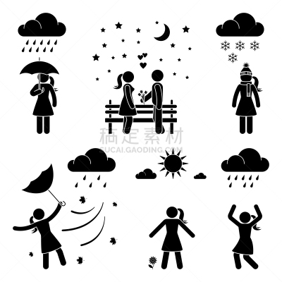 女人,简笔人物画,矢量,暴风雨,太阳,风,雨,计算机图标,舞台,天气