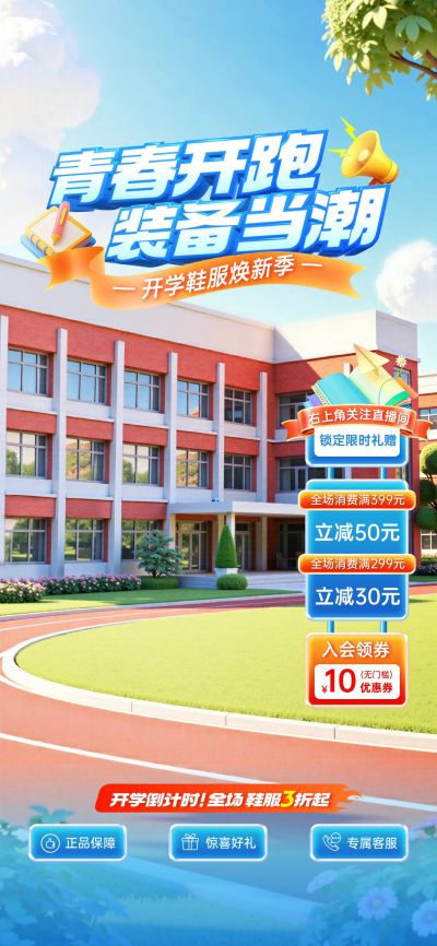秋季开学季商品零售促销活动校园实景直播间装修套装AIGC