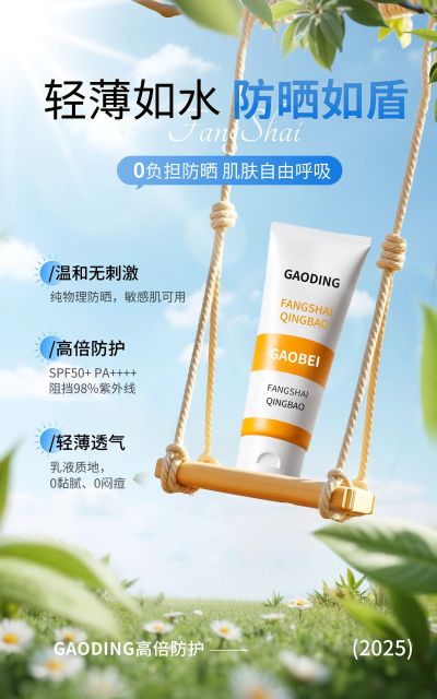 电商美妆夏天防晒霜秋千创意展台产品展示营销电商竖版海报AIGC