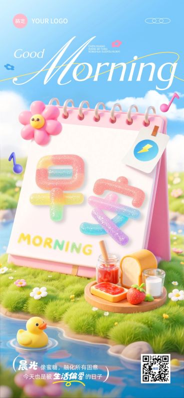 日签早安祝福正能量语录水果软糖风全屏竖版海报预览效果