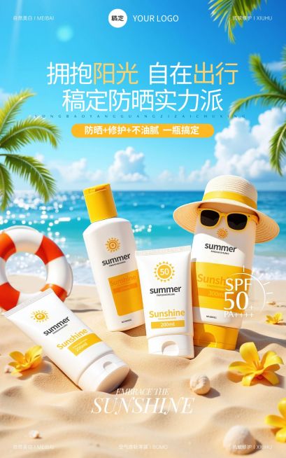 电商美容美妆夏季防晒霜产品展示营销电商竖版海报AIGC预览效果