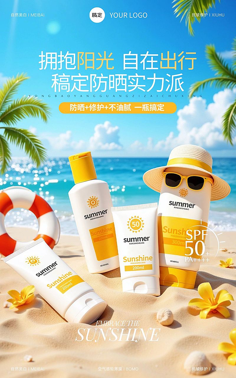 电商美容美妆夏季防晒霜产品展示营销电商竖版海报AIGC