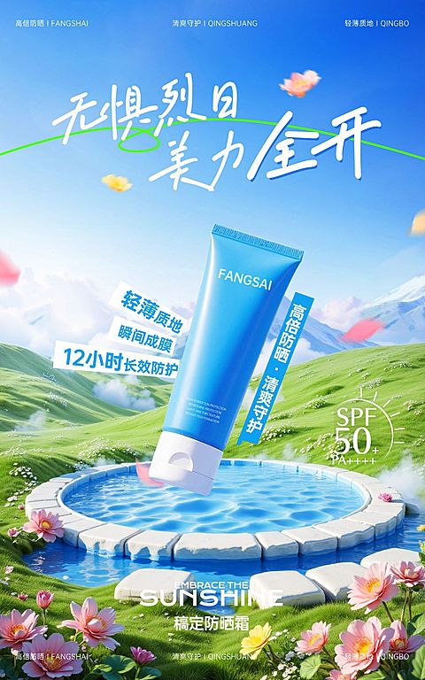 电商美容美妆夏季防晒霜营销卖货电商竖版海报AIGC