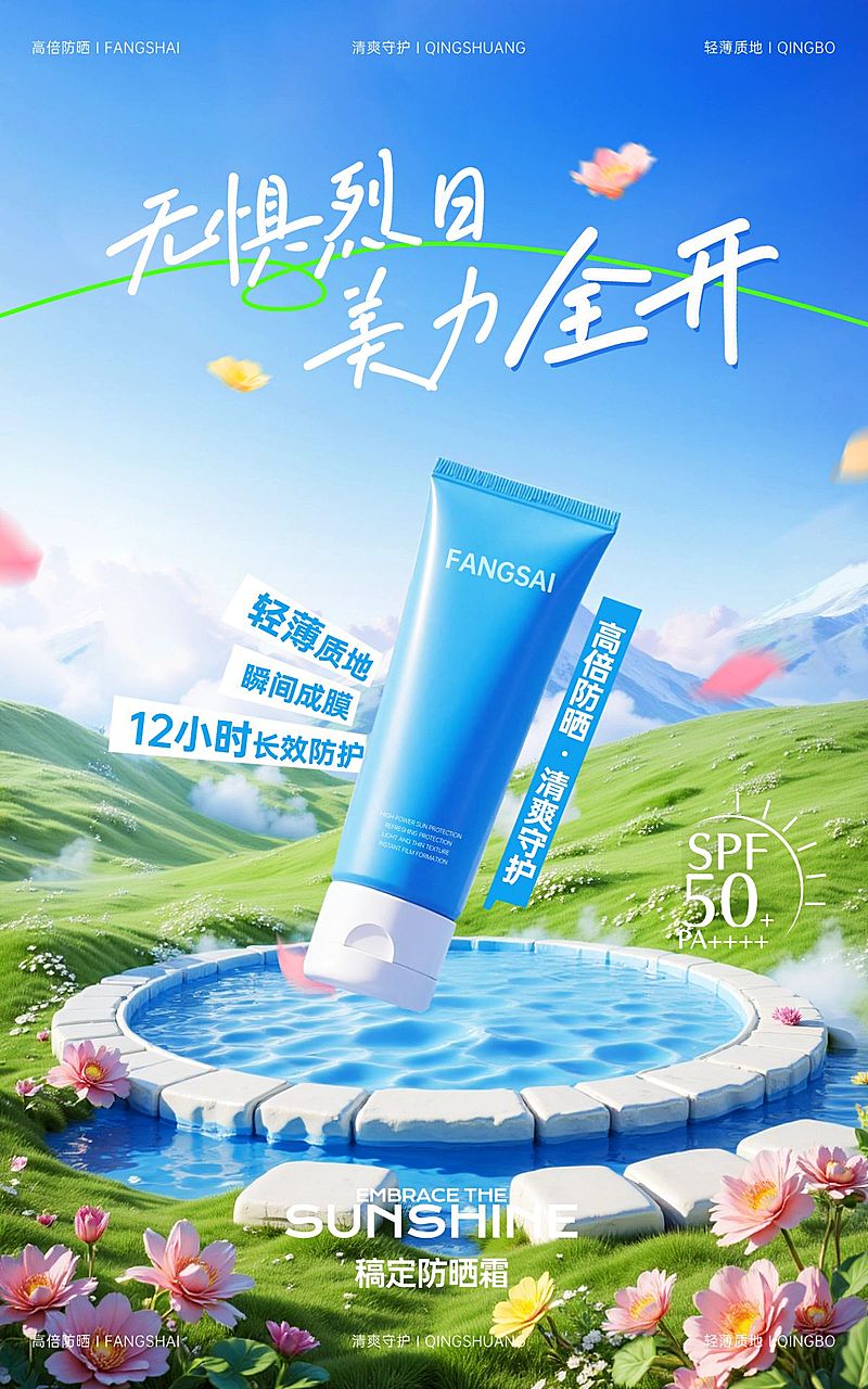 电商美容美妆夏季防晒霜营销卖货电商竖版海报AIGC