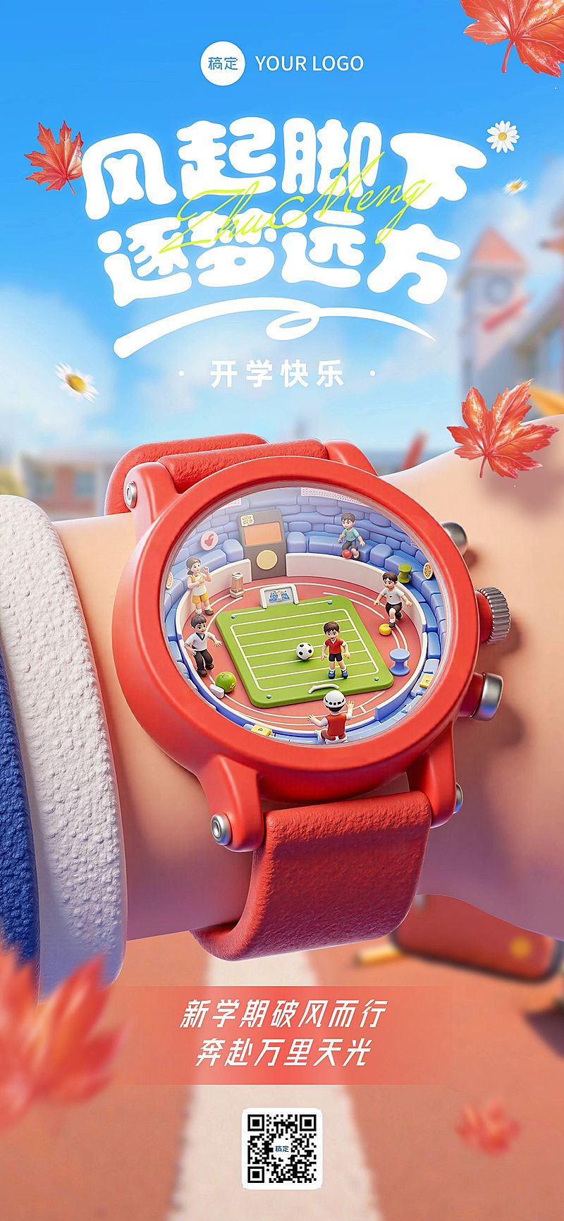 秋季开学季新学期祝福卡通感全屏竖版海报AIGC