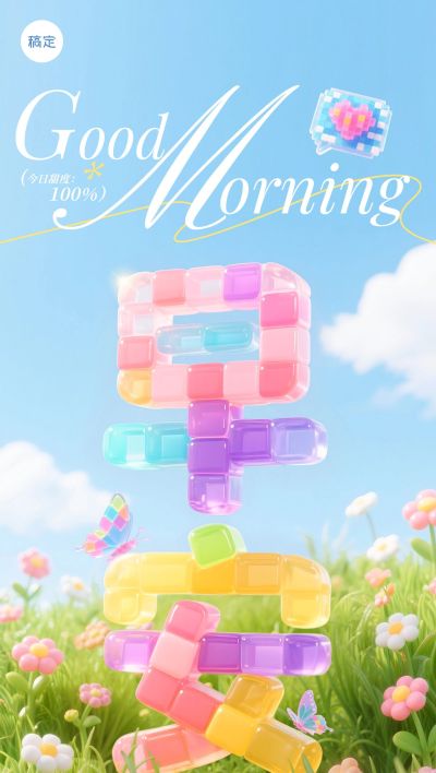 日签早安祝福正能量语录像素果冻风全屏竖版海报AIGC