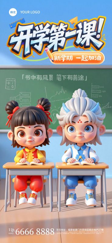 秋季开学季祝福趣味感全屏竖版海报AIGC预览效果